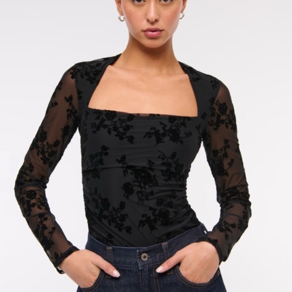 Abercrombie & Fitch Black Floral Mesh Top